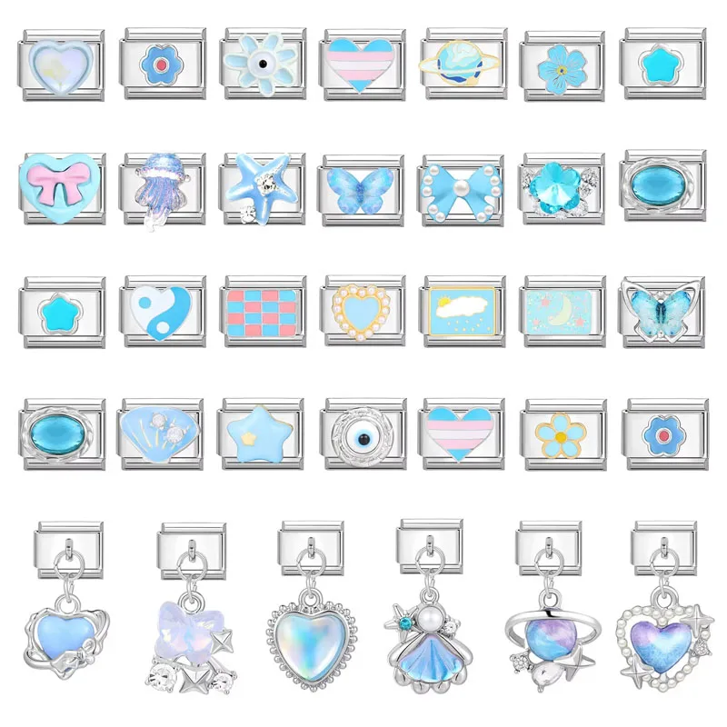 Fresh Blue Starfish Jellyfish Shell Bow Knot Butterfly Heart Italian Charm Links Fit 9mm Stainless Steel Bracelet DIY Making