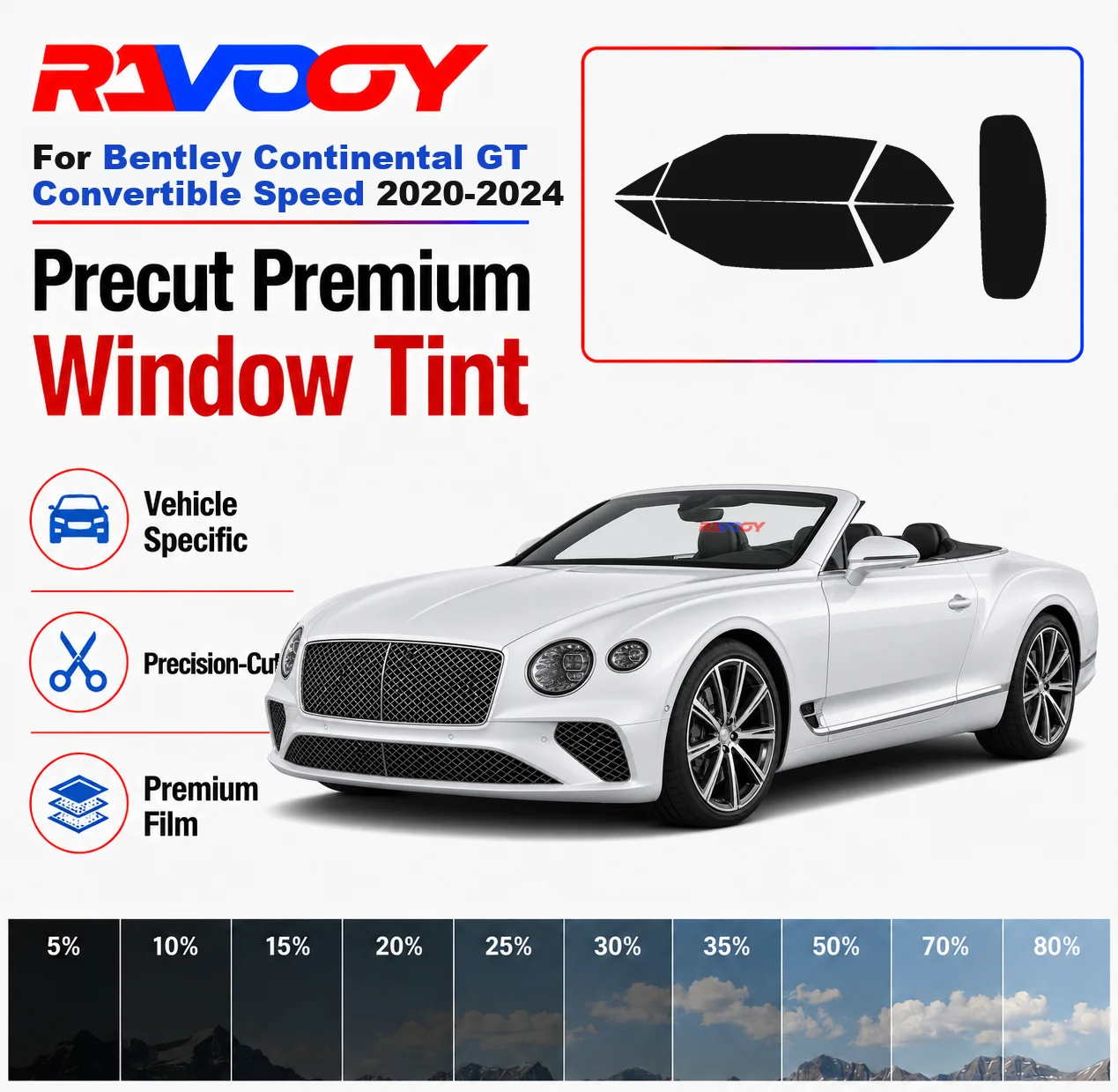 Premium Precut Window Tint Kit Front Rear Windows For Bentley Continental GT Conv Speed 2020-2024 Complete Set Nano Ceramic Film