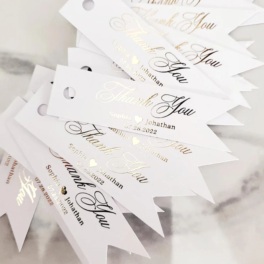 Etiquetas personalizadas para boda, etiquetas doradas de agradecimiento, colgantes, recuerdo de boda, 50 piezas