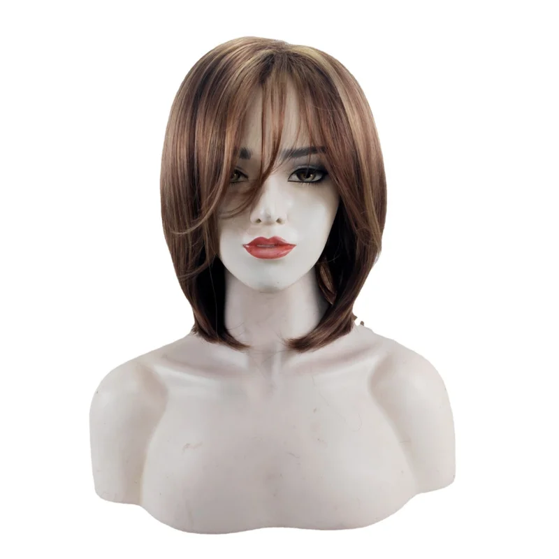 Fashionable , slightly curled highlights, short straight hair, African full-head wig