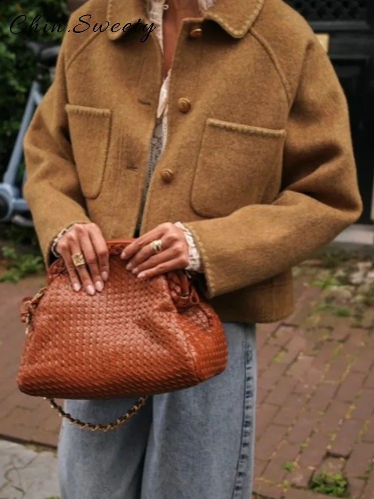 

Шикарное женское шерстяное укороченное пальто, свободная однобортная куртка с однотонными лацканами и длинными рукавами, осень-зима 202, женская верхняя одежда для поездок на работу