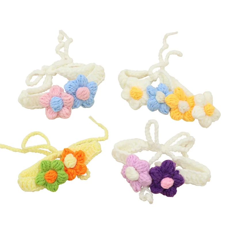 طوق الحيوانات الأليفة المنسوج يدويًا على شكل زهرة - وشاح محبوك قابل للتعديل للقطط والكلاب، إكسسوار عصري ولطيف #4