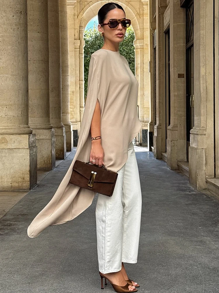 Trendix White Asymmetrical Cover Up For Women Fashion Ruffle Hem Loose Short Sleeve Shirts Casual Elegant Commuting Pullover Top