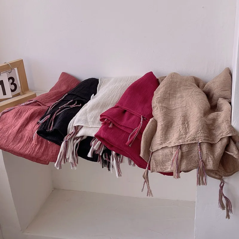 UMI MAO Simple Solid Color Cotton-linen Fringed Scarf Oversized Sun Protection Shawl Women Spring Autumn Neck Protection Gauze