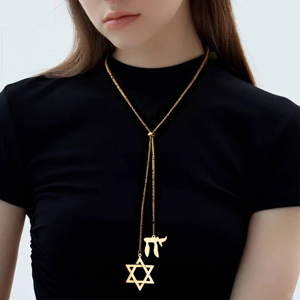 

EUEAVAN 1pc Long Star of David Jewish Chai Pendant Necklace for Women Gold Color Sweater Neck Chain Judaism Jewelry Gifts