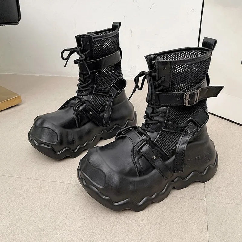 2025 الأحذية النسائية منصة أحذية مصممين فاخرة للنساء الدانتيل يصل أحذية مكتنزة تنفس الراحة حذاء من الجلد بوتاس دي Mujer #3