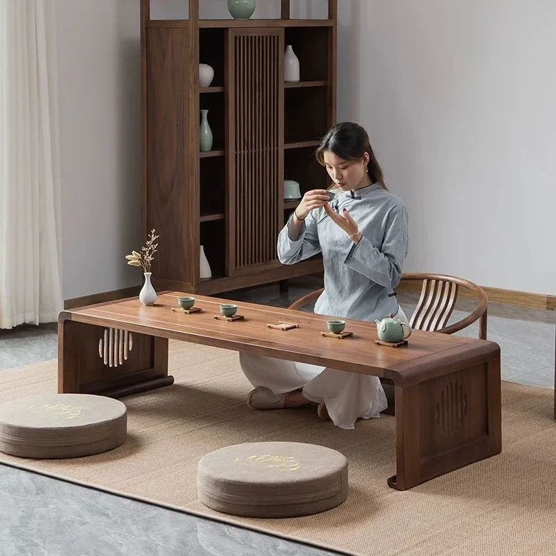 HYS Chinese coffee table solid wood elm tatami table and chair combination bay window small table balcony  zen home