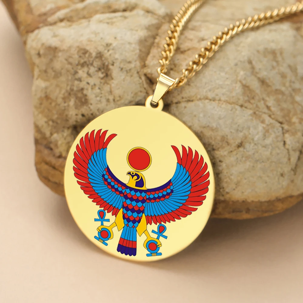 Dawapara Pharaonic Horus Necklace Winged Sun Disk Horus Falcon Necklace Ancient Egyptian Guardian Amulet Stainless Steel Jewelry