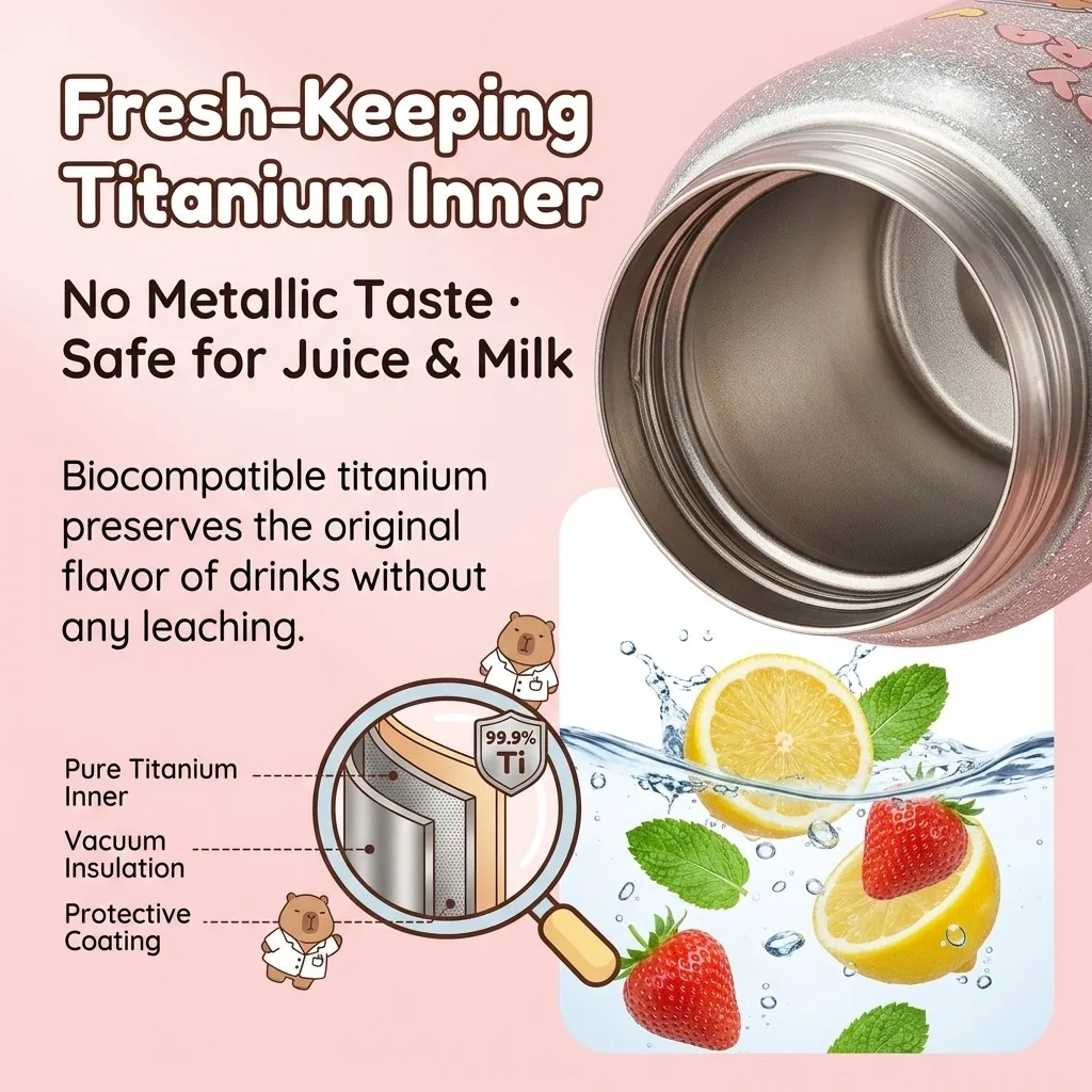 Kids Titanium Water Bottle Insulated Thermos with Double Drink Lid Anti Spill for School Travel