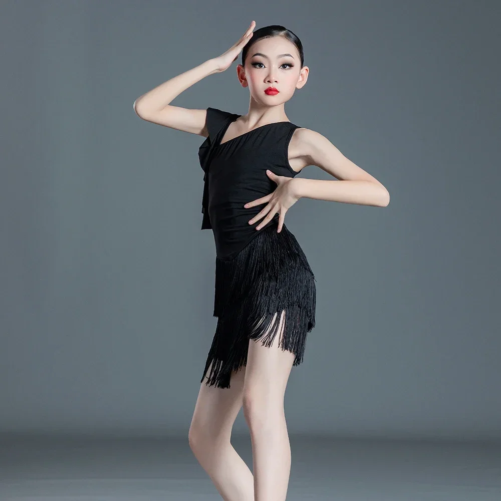 Children Kids Latin Dance Dress for Girls Black Fringe Salsa/Ballroom/Tango/Cha Cha/Rumba/Samba/Latin Dresses Competition Dance