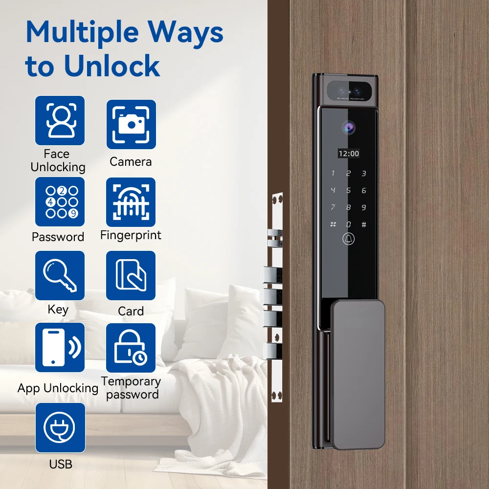 Smart Wifi Door Lock With Fingerprint 3D Facial Recognition And Intercom Camera Palm Vein Memory Card Cloud App Integration