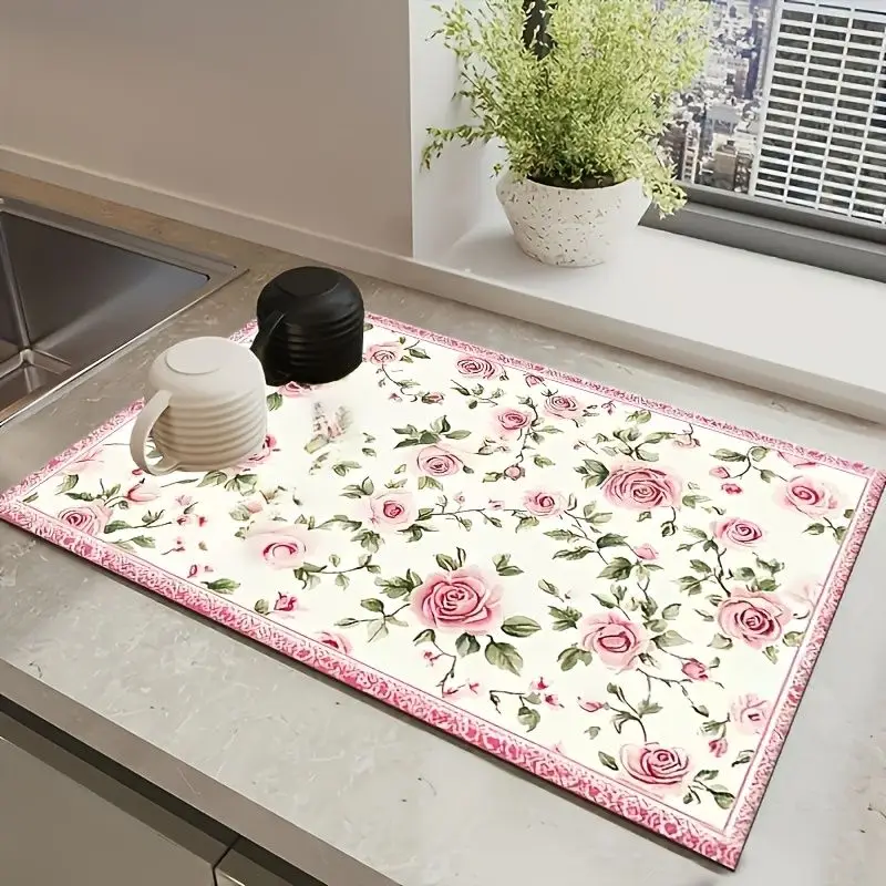 VIKAMA French Country-Style Pink Rose Floral Drain Mat, Absorbent and Non-Slip Coffee Maker Mat, Kitchen Countertop Decoration