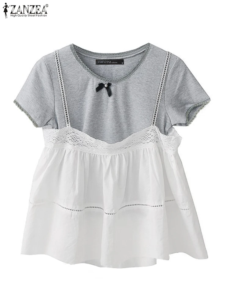 ZANZEA Fashion Summer Blouse Lace Patchwork Tops Women Short Sleeve Tunic 2025 Casual Loose Beach Blusas Oversized S-3XL