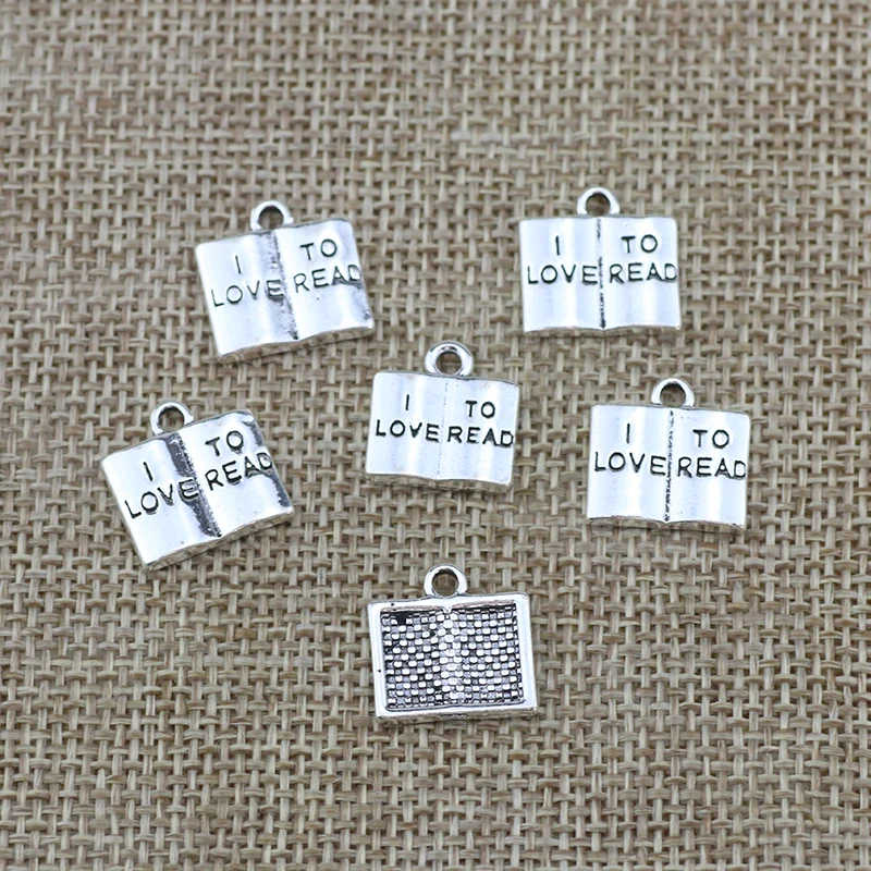 12pcs/Lot 14x14mm Book Charms I Love To Read Antique Silver Color Pendants for DIY Jewelry Making Charm