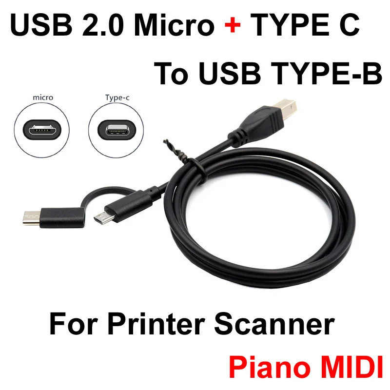 1M 1.5M 2M USB 2.0 Micro +TYPE C Male To USB 2.0 Type-B Male OTG Cable For Phone Printer Scanner Piano MIDI Drum Sound Microphon