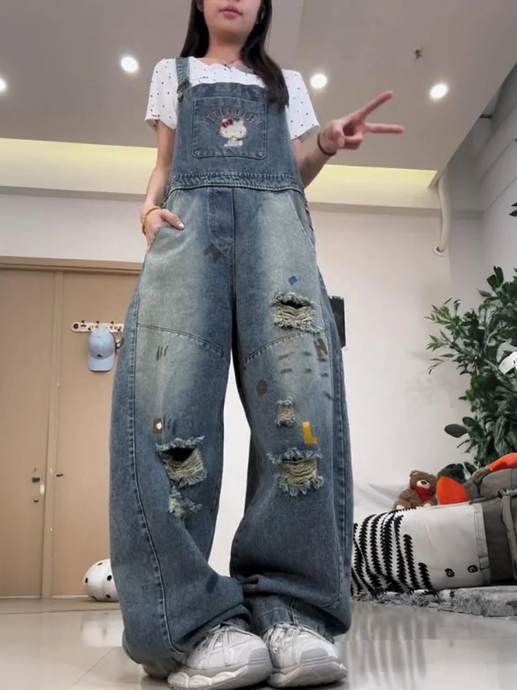 

American High Street Vintage Splatter Denim Overalls Women's Summer New Loose Wide Leg Straight Jeans Casual Wear