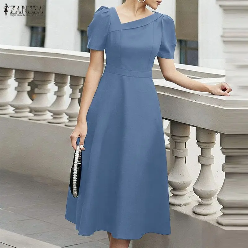 Eleganckie sukienki biurowe ZANZEA damskie 2026 letnia sukienka z nieregularnym dekoltem, krótkim rękawem, midi, jednolita, z podkreśloną talią, sukienka na imprezę, letnia sukienka