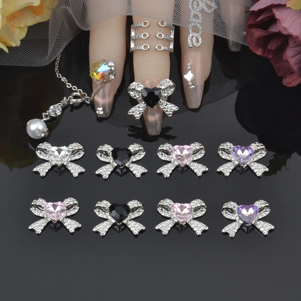 20pcs Light Luxury Style Alloy Bow Nail Art Charm 3D Gold Silver Zircon Bow Ribbon Metal Nail Rhinestone Cute DIY Nail Accessory