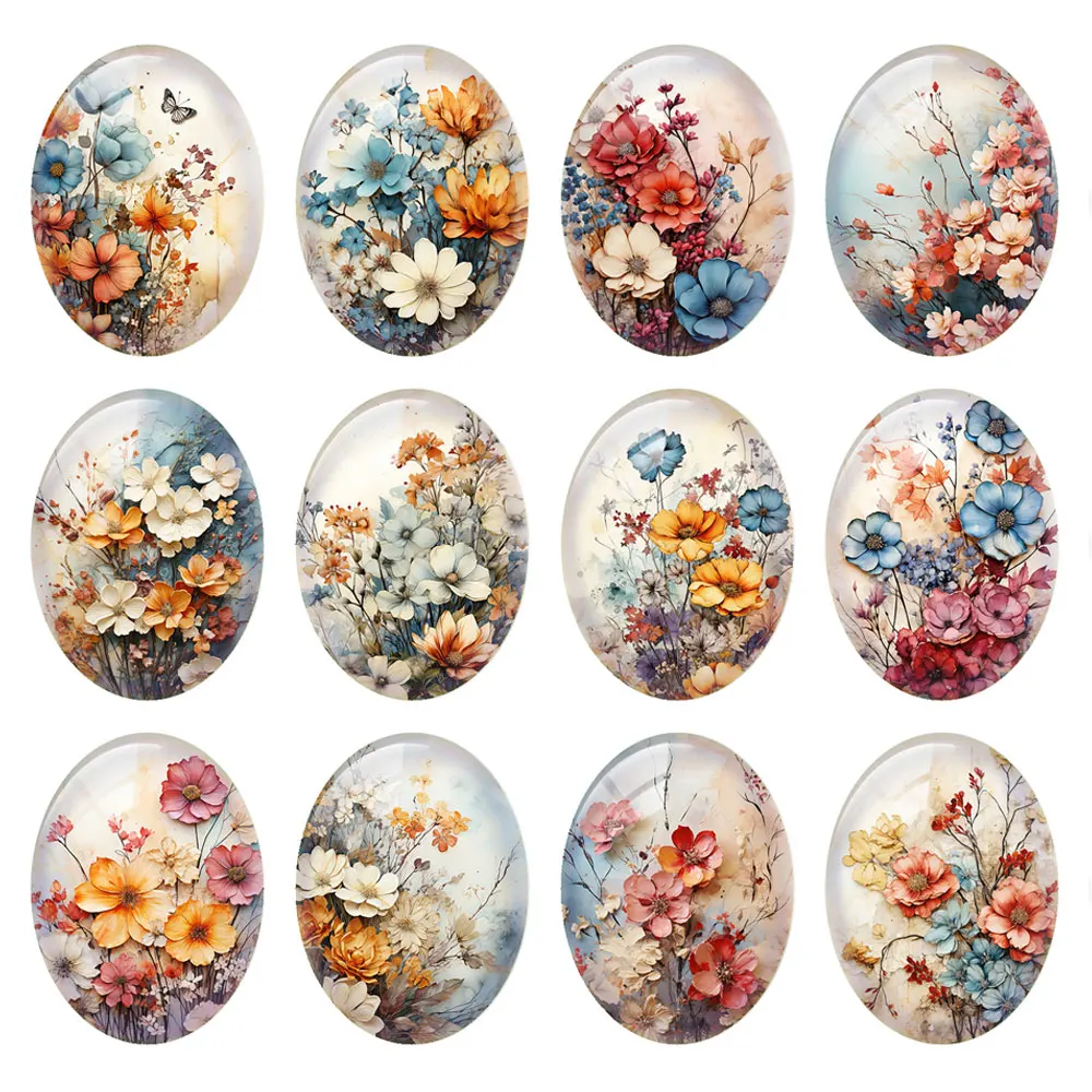 10pcs/lot Oval Photo Glass Cabochon Flower Spring Flatback Charms Demo Flat Back Cameo For Diy Jewelry Making Accessories