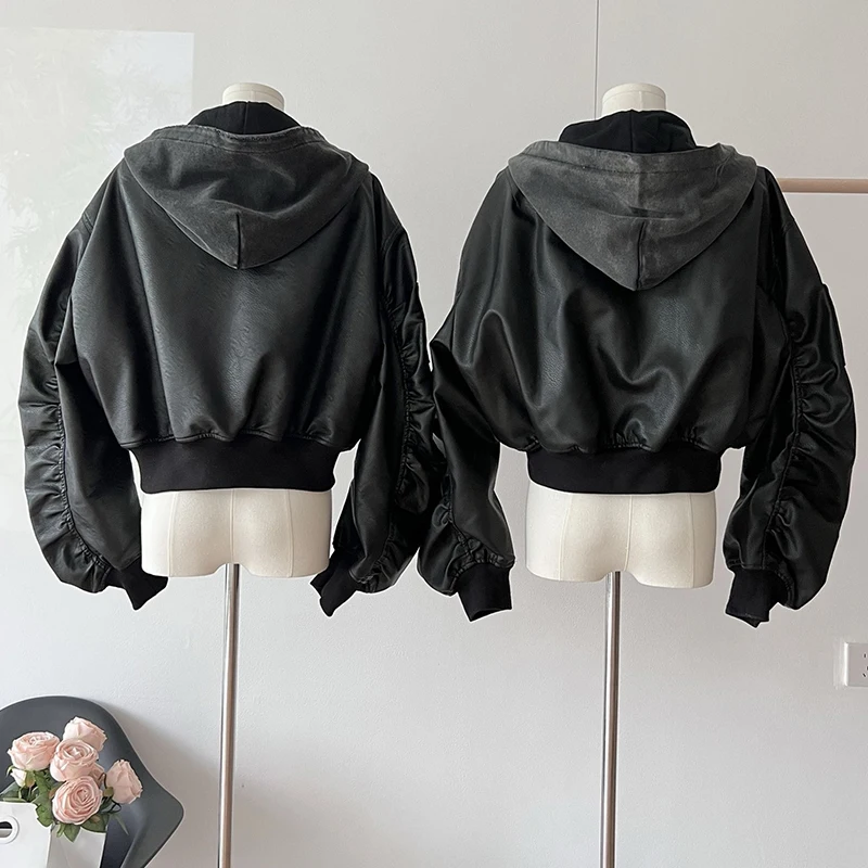 Winter Two Way Wear Warm Coats Black Gothic Leather Patchwork Motorcycle Jacket Hooded Jackets Chic Parkas Female Outerwear