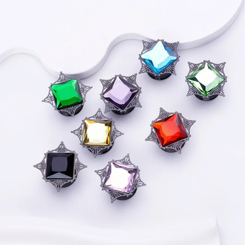 1pair Vintage Baroque Style Colored Square Drill Ear with 8-color Hollow 316L Stainless Steel Ear Brackets Fashion Jewelry