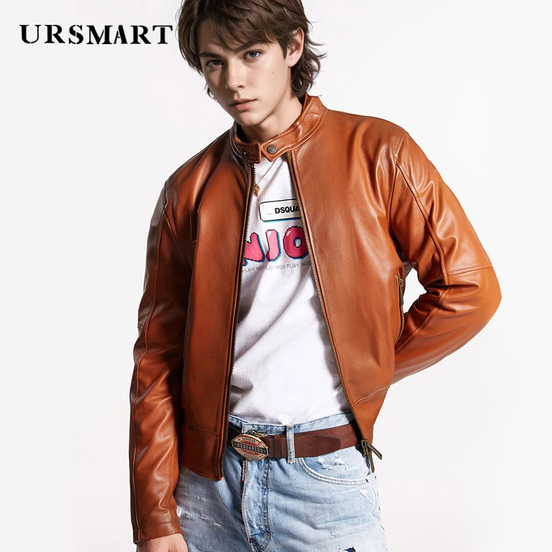 

Brown short genuine leather men's jacket 2024 autumn/winter new product year British fashion handsome sheepskin custom Coats