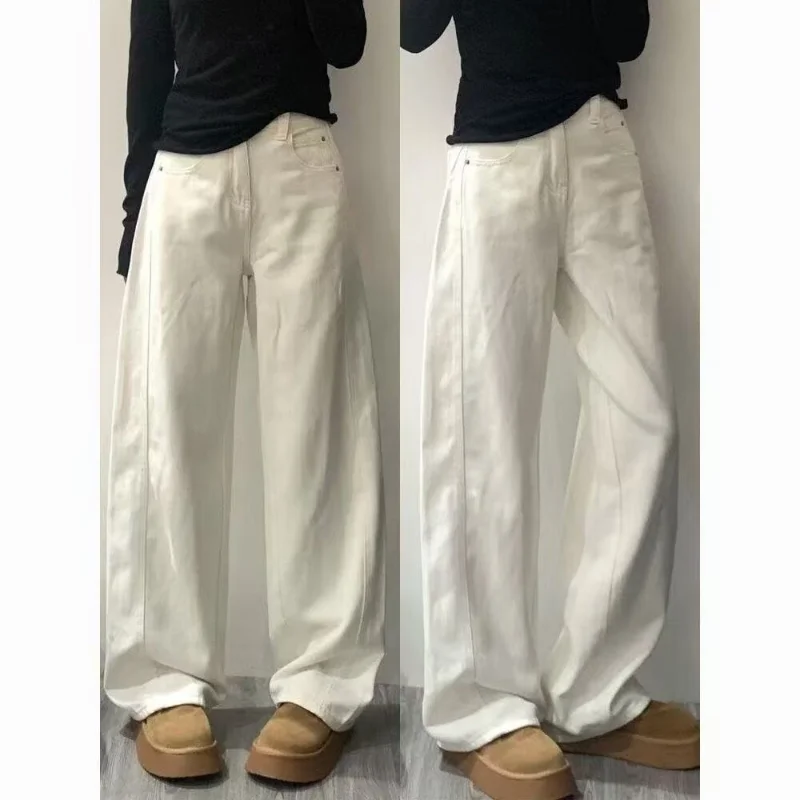 

White Scimitar Jeans Women in Spring and Autumn New High-waist Loose Drape Simple and Versatile Wide-leg Straight Pants