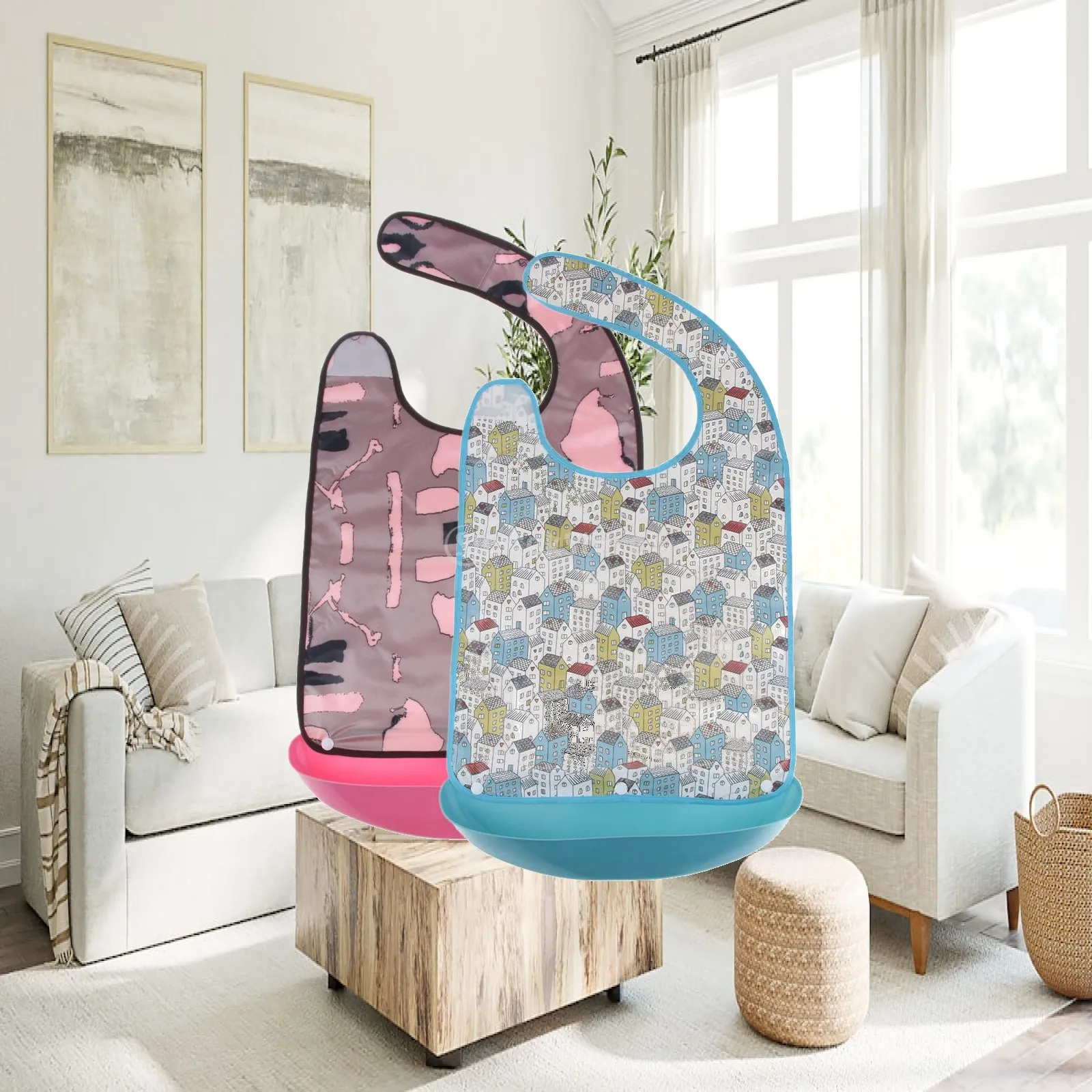 Adult Bib Waterproof TPU Eating Aid with Food Catcher Washable Protector for Mealtime Care