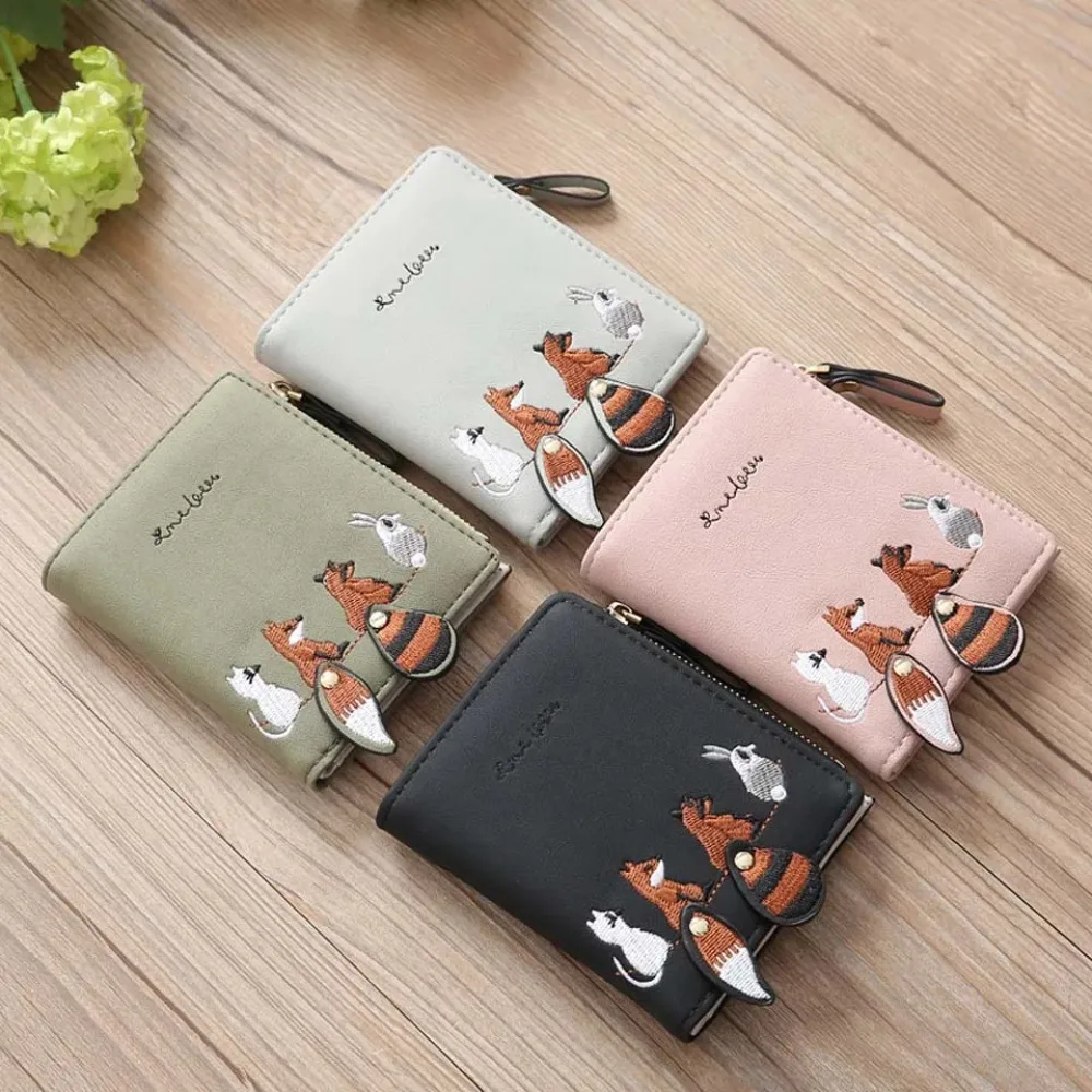 

Cute Fox Embroidery Short Wallet with Zipper Mini Faux Leather Purse for Coins Cards and Daily Use for Women
