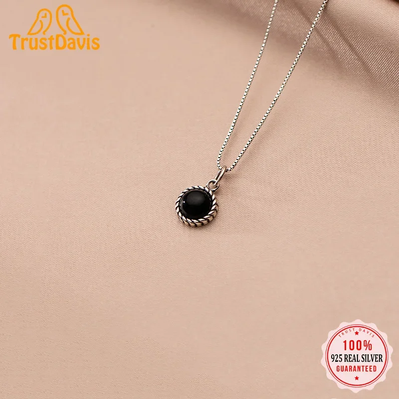 TrustDavis Real 925 Sterling Silver Pendant Round Black Agate Handmade DIY Necklace Bracelet Accessories Fine Jewelry Gift HY549