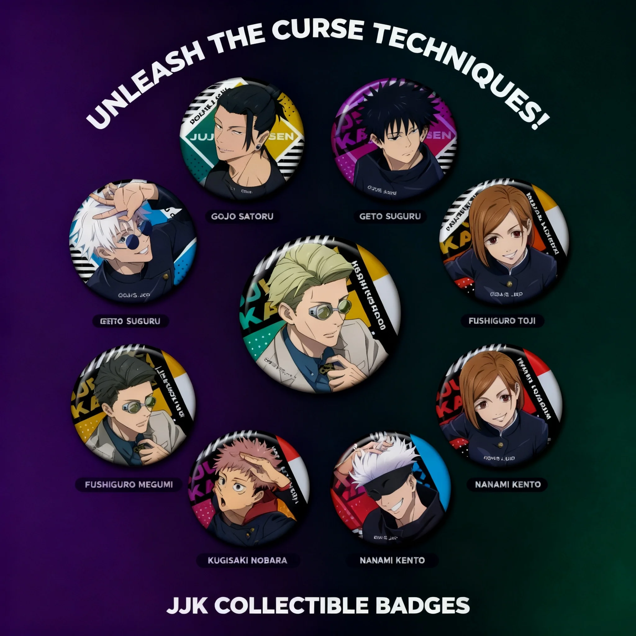 

Anime Jujutsu Kaisen Badge Set Gojo Satoru Geto Suguru Nanami Kento Fushiguro Megumi Metal Enamel Pin Brooch Collection Cute