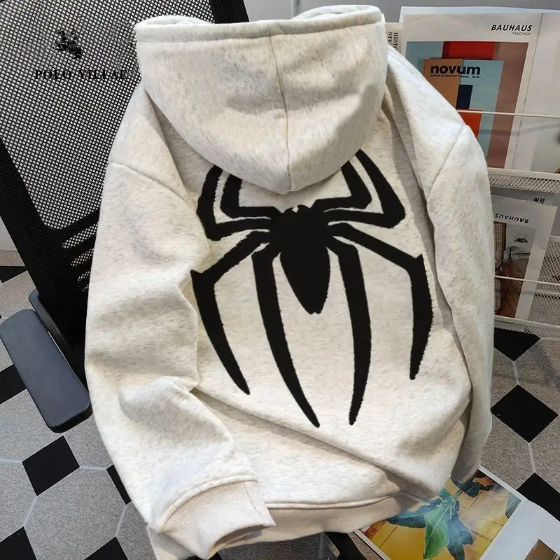 American high street retro spider hooded sweatshirt for men and women autumn and winter pure cotton loose couple jacket y2k top