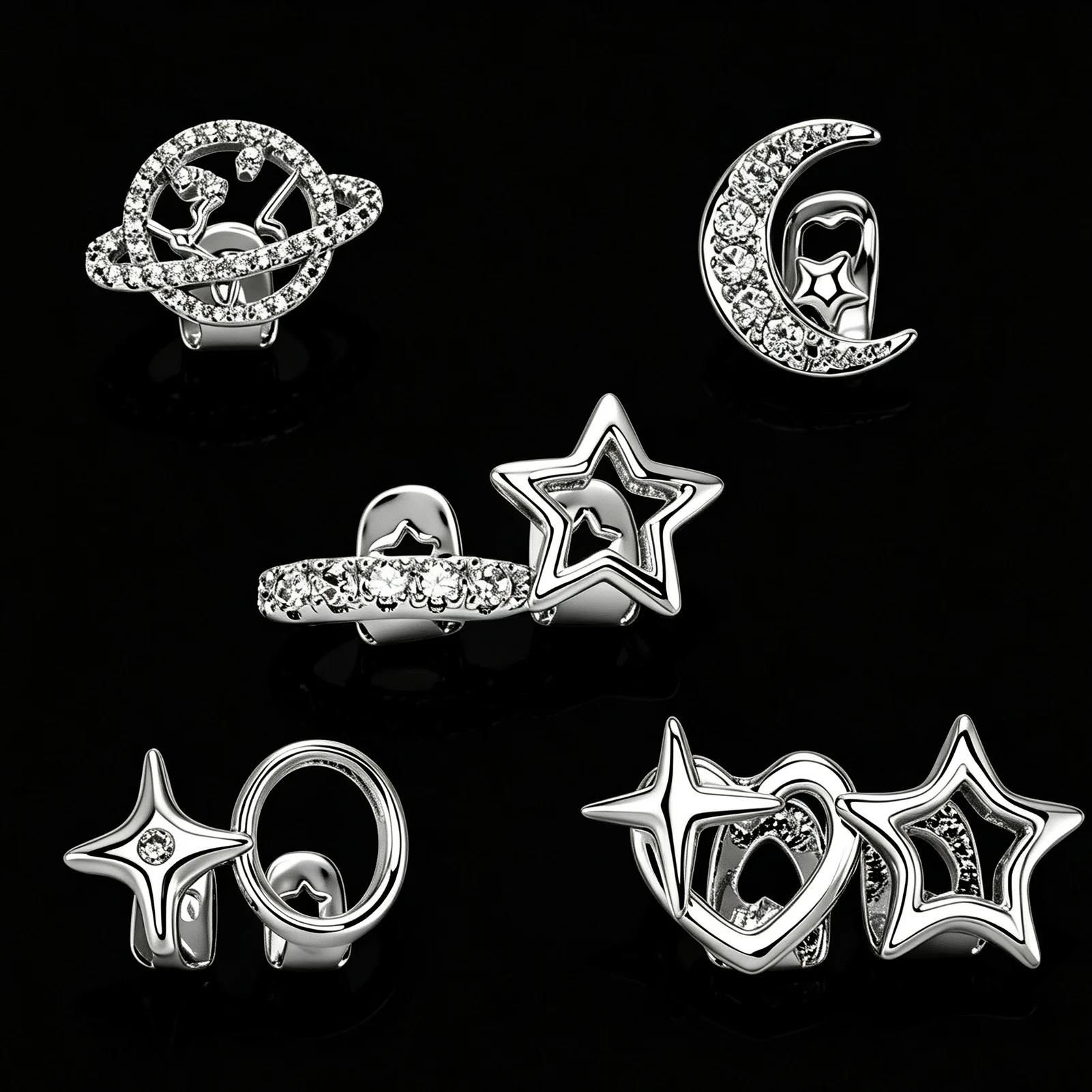 Single Tooth Grillz Moon Star Planet Openwork Cutout Iced Out Pave CZ Gold Silver Hip Hop Rapper Unique Gifts Unisex