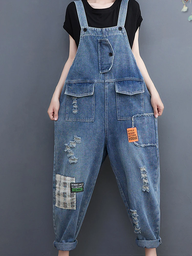 

Women Clothes Spring summer Fashion Denim Jumpsuit Vintage Hole Trendy Trousers Wide Leg Dungarees Straps Baggy Suspender Jeans
