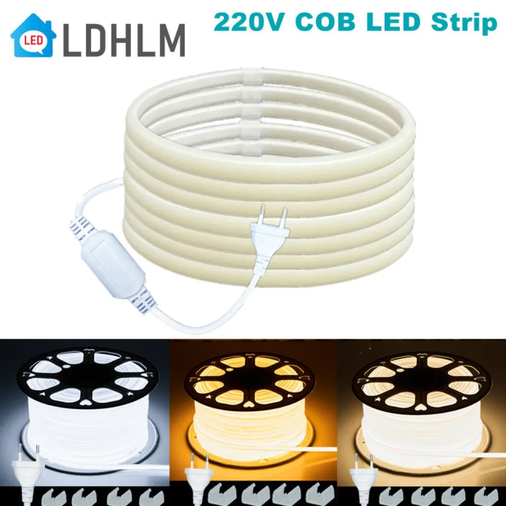 

COB LED Strip Light 288leds/M 220V EU Plug RA90 warm white 3000K 4500K 6500K Flexible LED Tape For Bedroom Kitchen Waterpr IP65