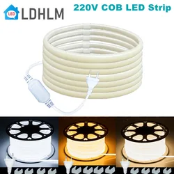 COB LED Strip Light Flexível, Fita para Quarto, Cozinha, Branco Quente, Plugue UE, RA90, 3000K, 4500K, 6500K, 220V, 288LEDs/m, IP65