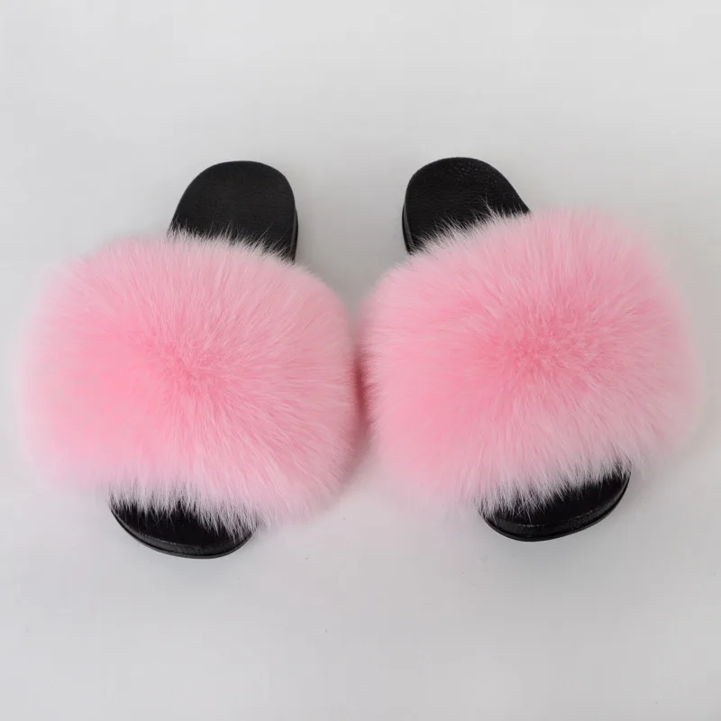 Full Fox Fur Slippers Women  Fluffy Furry Flip  Beach Sandals Non-Slip Wear-Resistant Flat Sandals Casual Outdoor Ladies Slides