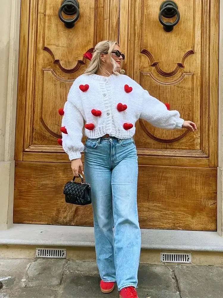 3D Love Contrasting Colors Crop Knitted Cardigan Fashion Women Puff Long Sleeves Single Breasted Sweater Autumn Lady Outerwears