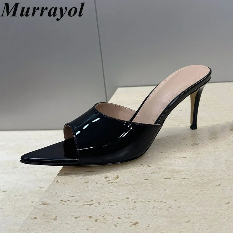 

Женские блестящие кожаные туфли-мюли с острым носком, летние босоножки на тонком высоком каблуке, вечерние туфли-стилето для вечеринок и банкетов, 2026