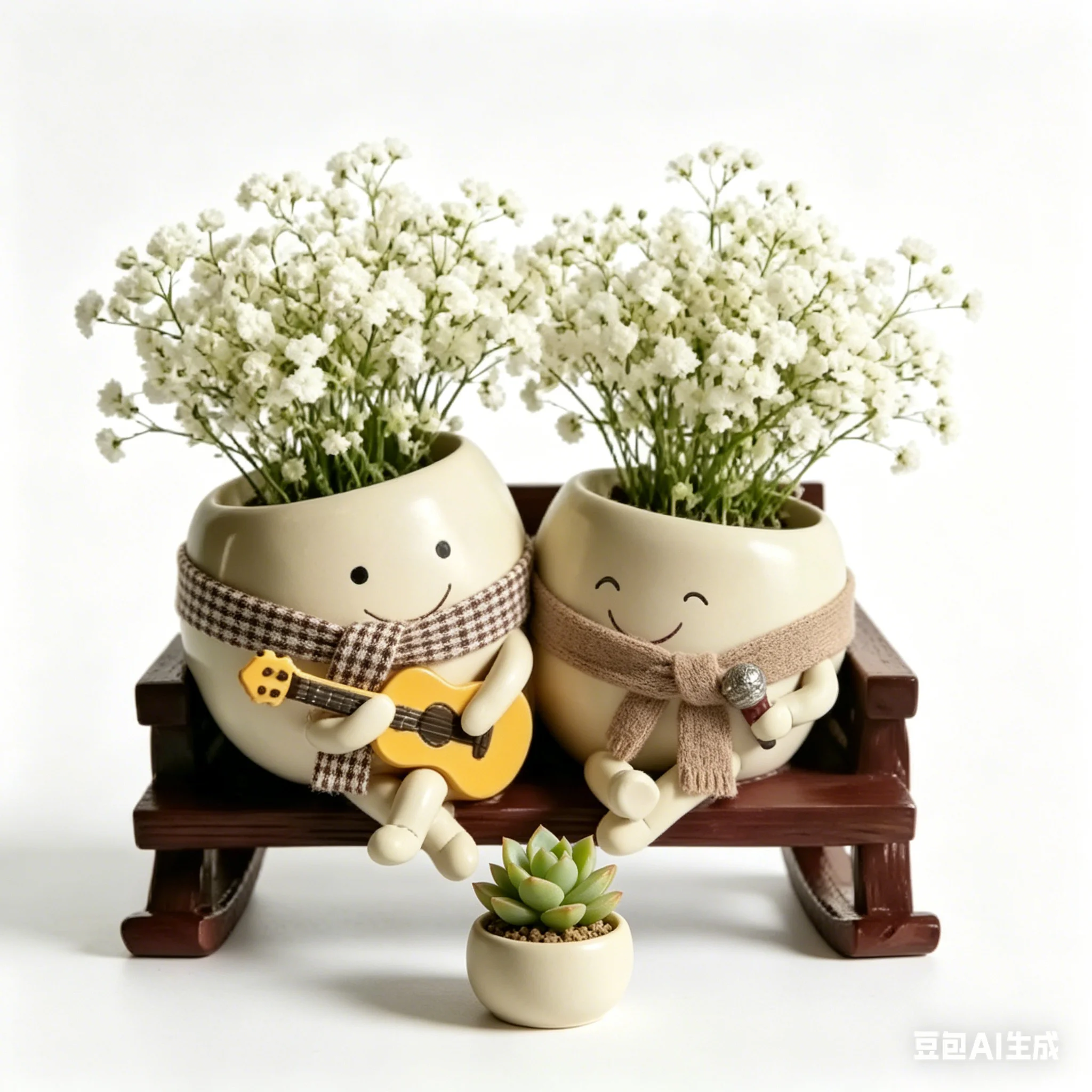 Resin Heart-Shaped Flower Pot Smiling Face Design with Rocking Chair Guitar And Microphone Double Headed for Succulents