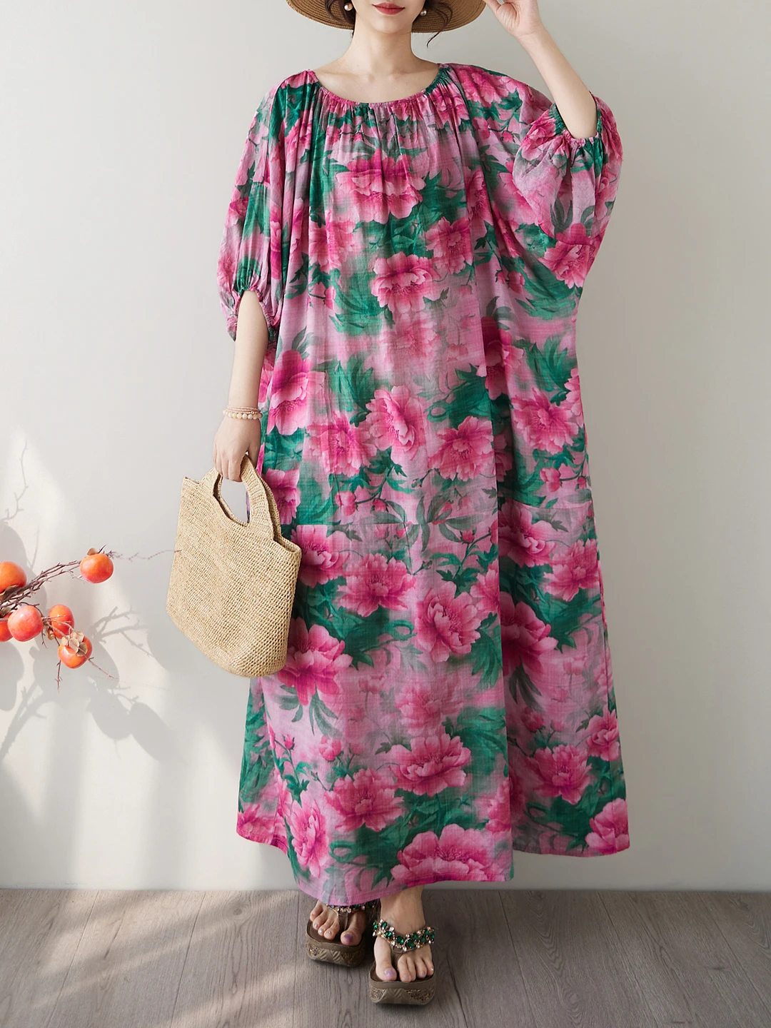 Bohemian Print Cotton Lin Loose Long Dress Bell Sleeve Cover up Slimming Robe Large Size Women's Summer Casual A-Line Dress