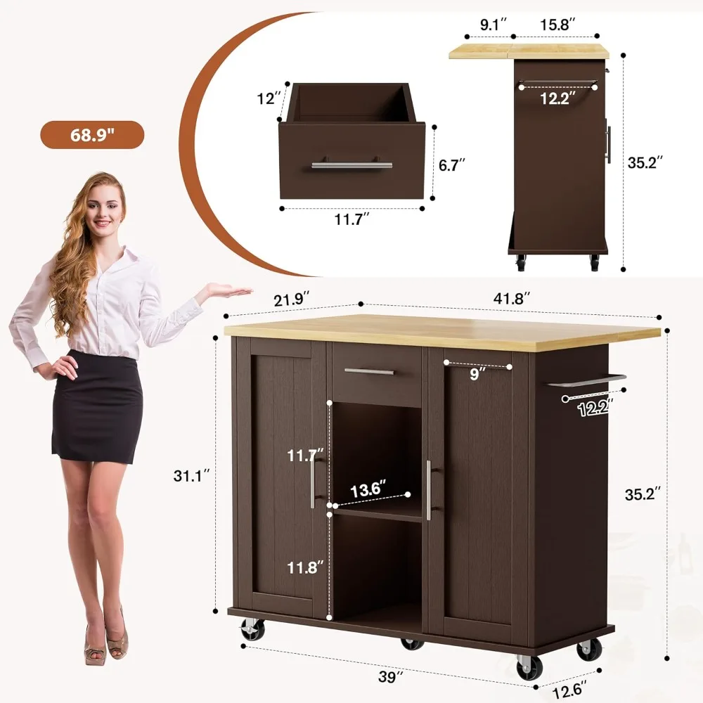 Rolling Kitchen Island with Drop Leaf, Storage Drawers, and Towel Rack for Flexible Use