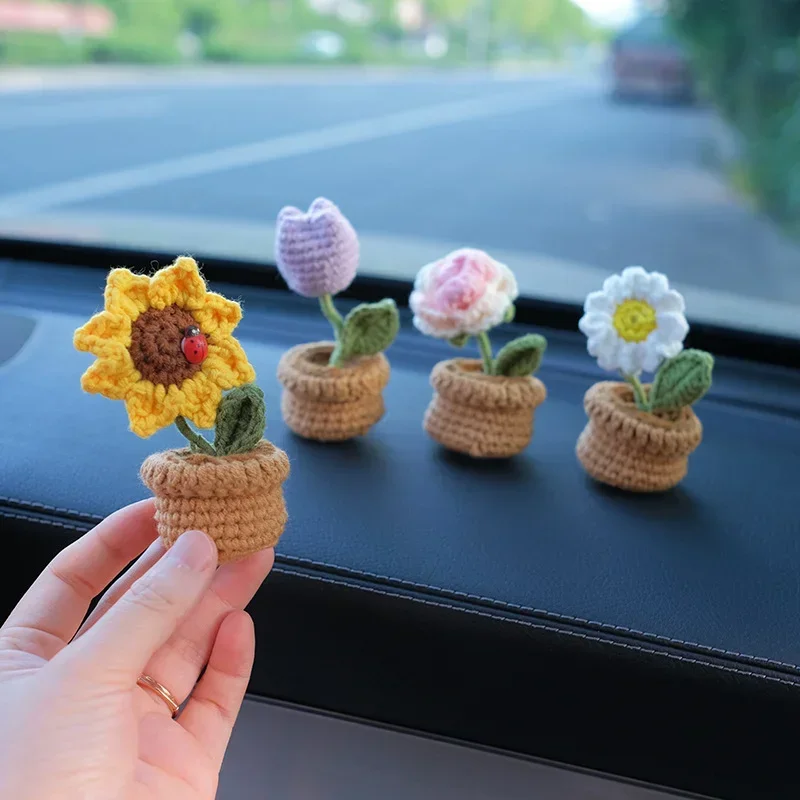 수제 뜨게 DIY 미니 화분 자동차 센터 콘솔, 크로 셰 뜨개질 양모 해바라기 장식 장식품, 인테리어 액세서리, 1PC