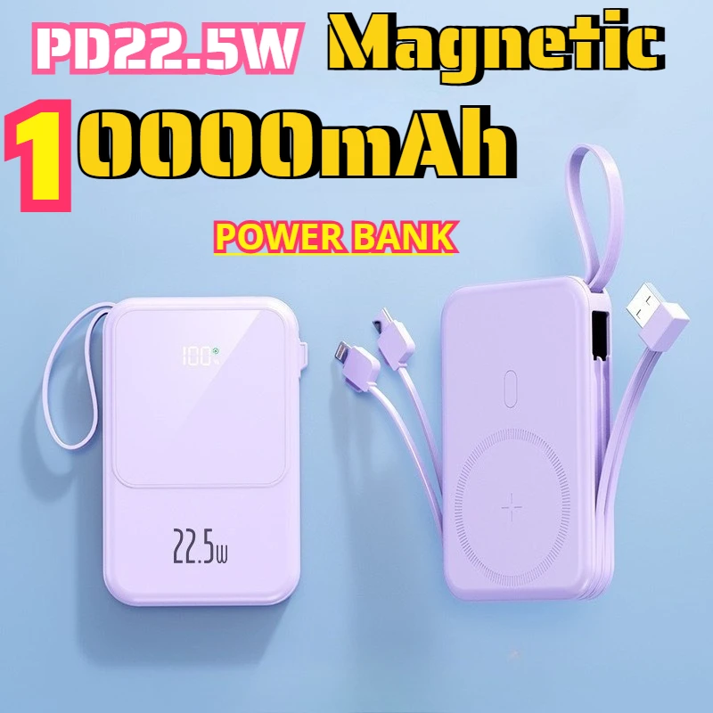 10000mAh Magnetic Wireless Power Bank with Detachable 22.5W USB C PD Cable Fast Charging External Battery for Iphone 15 Samsung