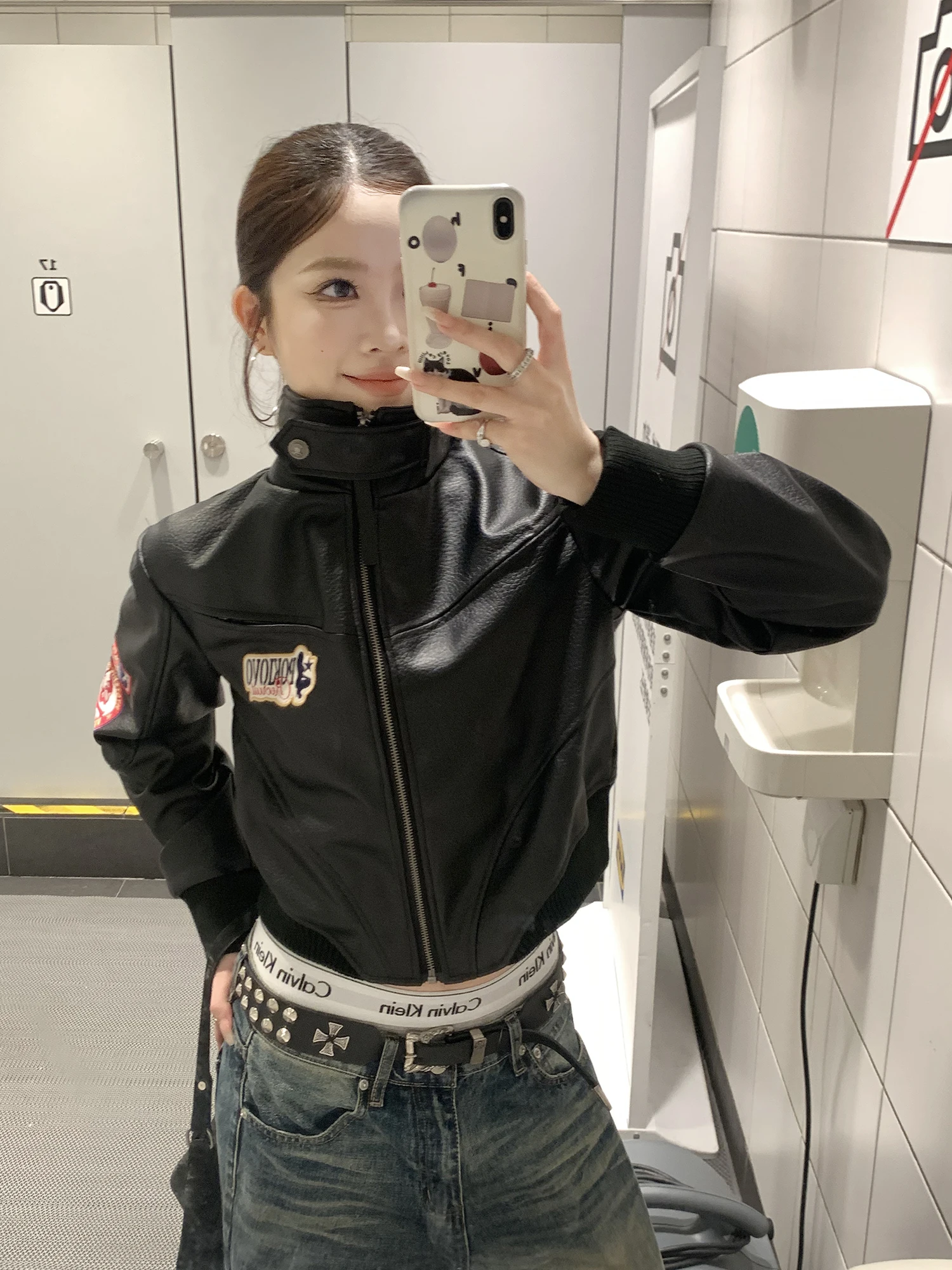 

Damon Island American Sle ort Motorcycle Leather Jaet Women's Embroidery Bae Stand Collar Jaet Trendy Outerwear