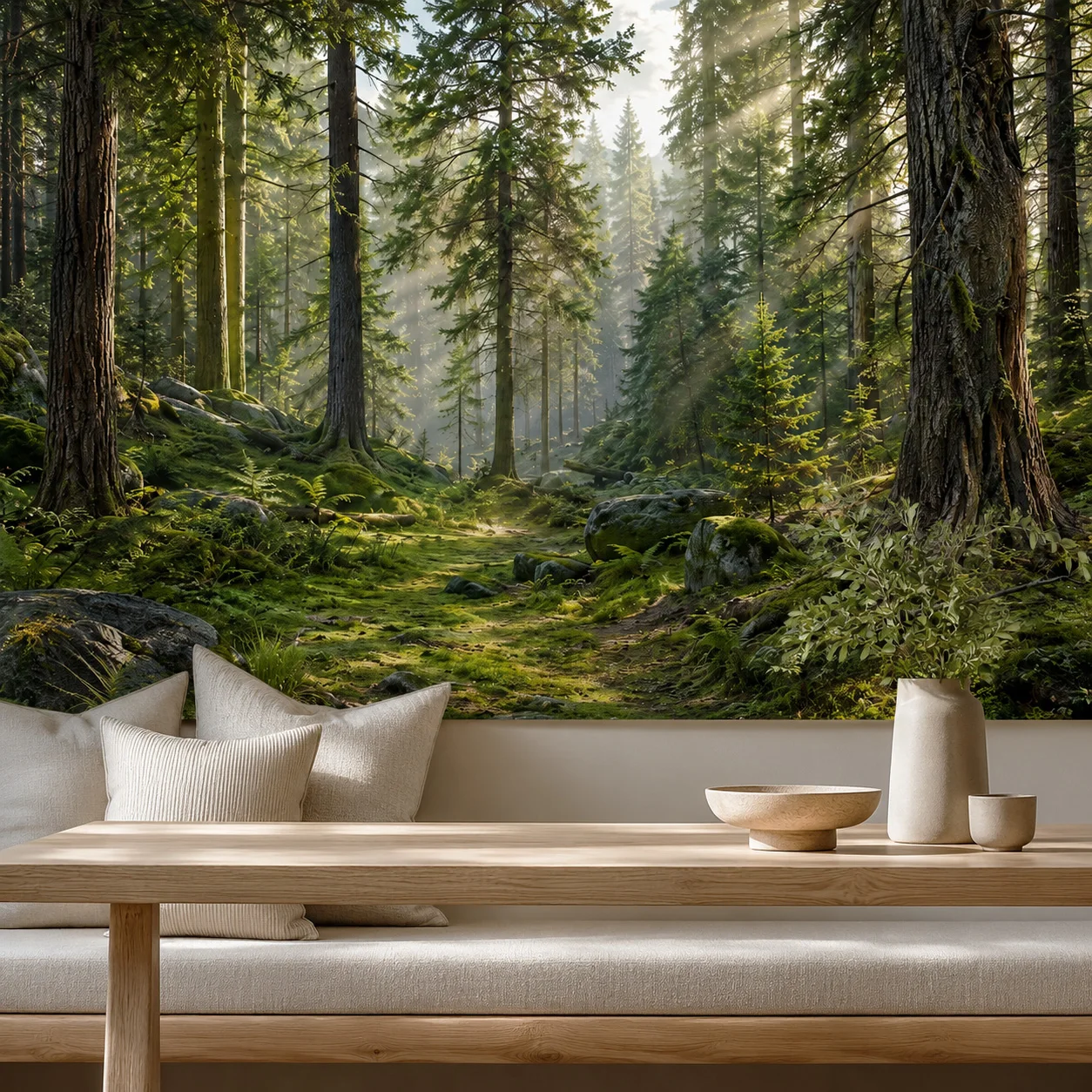 Sunlit Forest Wall Mural Wallpaper Green Woodland Nature Landscape Pine Trees for Living Room Bedroom Decor Non Self Adhesive