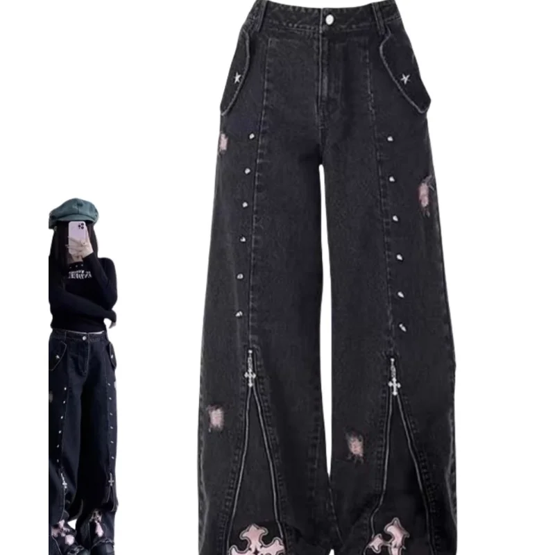 2025 New Plus Size Jeans for Women Niche Punk Subculture Style American Graffiti Zip High Waist Straight  Leg Trousers