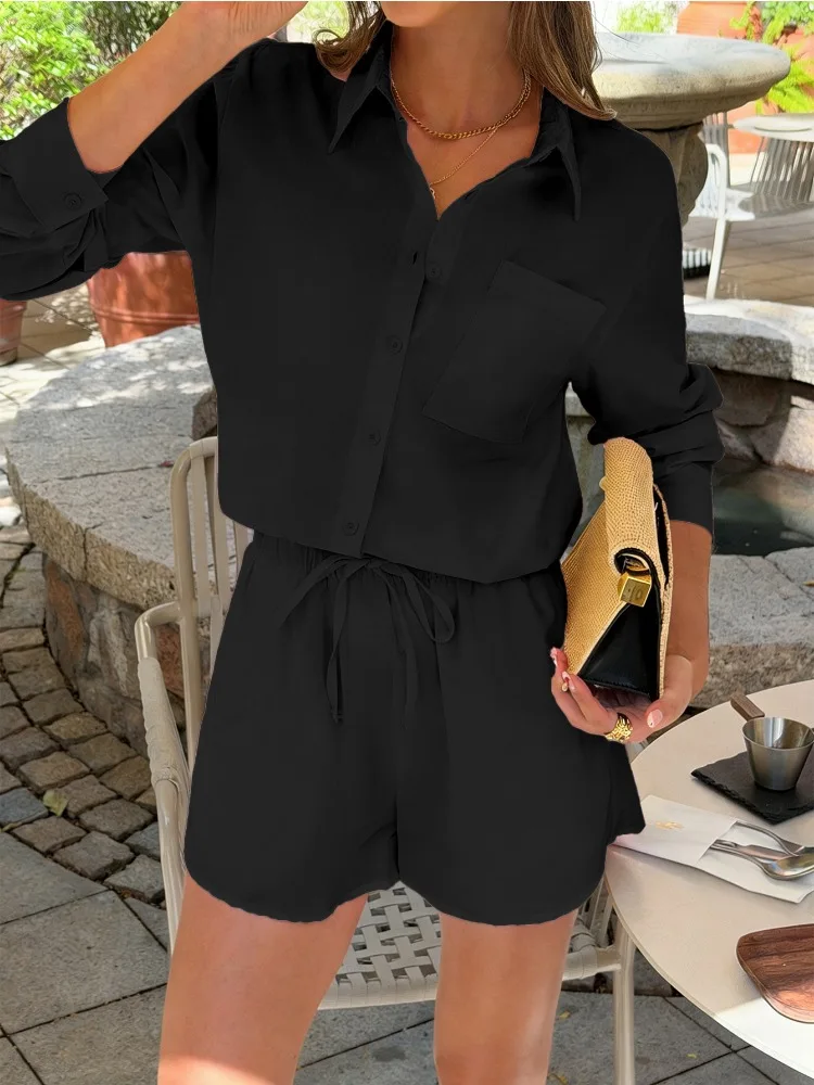 

Women Tracksuits Shirt With Mini Shorts Cotton Two Pieces Sets Fashion Clothing Outfits Women Blouses Fashion Tracksuits