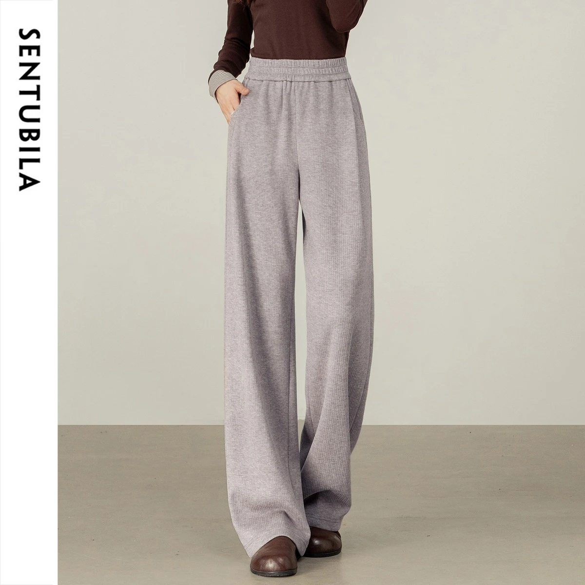 SENTUBILA Women Knit Long Pant Heavy Thick Autumn Elastic High Waist Straight Trousers 2026 Casual Sweat Pant Female 153K80276