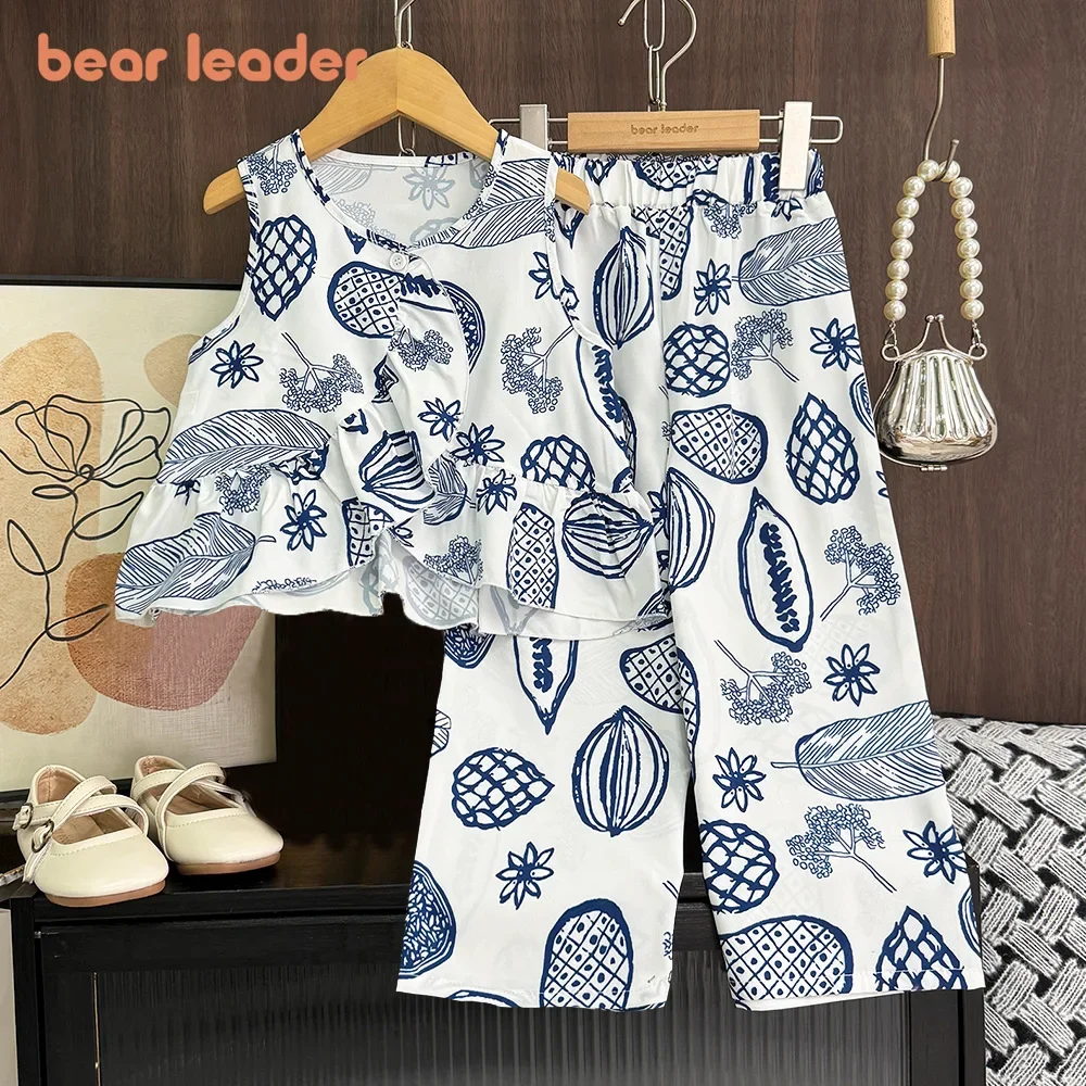 Bear Leader Summer Blue Girls Clothes Casual Kids Wear Ruffle Fruit Graffiti Printed Top+Pants 2Pcs Children's Flower Outfits